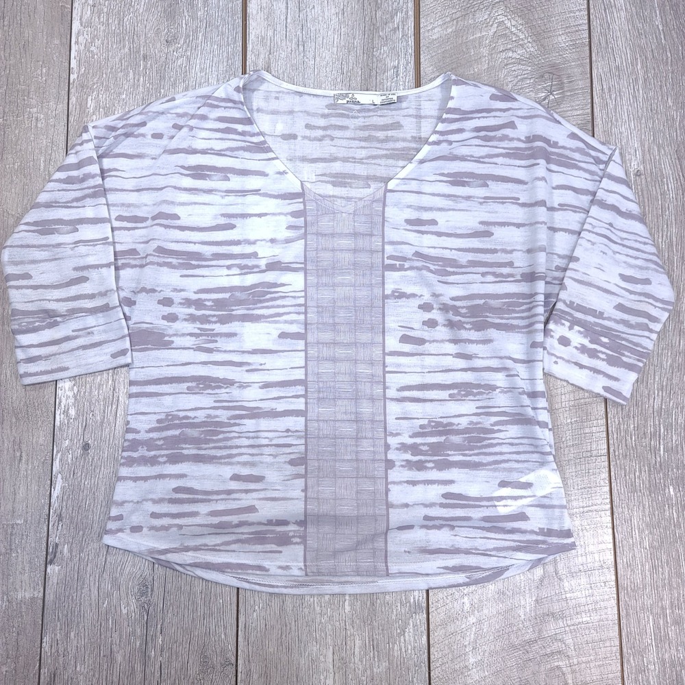 Prana Aleah Top Women Large Purple White Stripe V-Neck 3/4 Sleeve